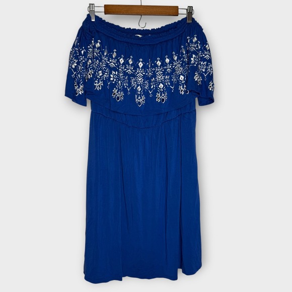 Soma Dresses & Skirts - New Soma Blue Embroidered Off the Shoulder Summer Dress Ruffle Resort Pockets XL